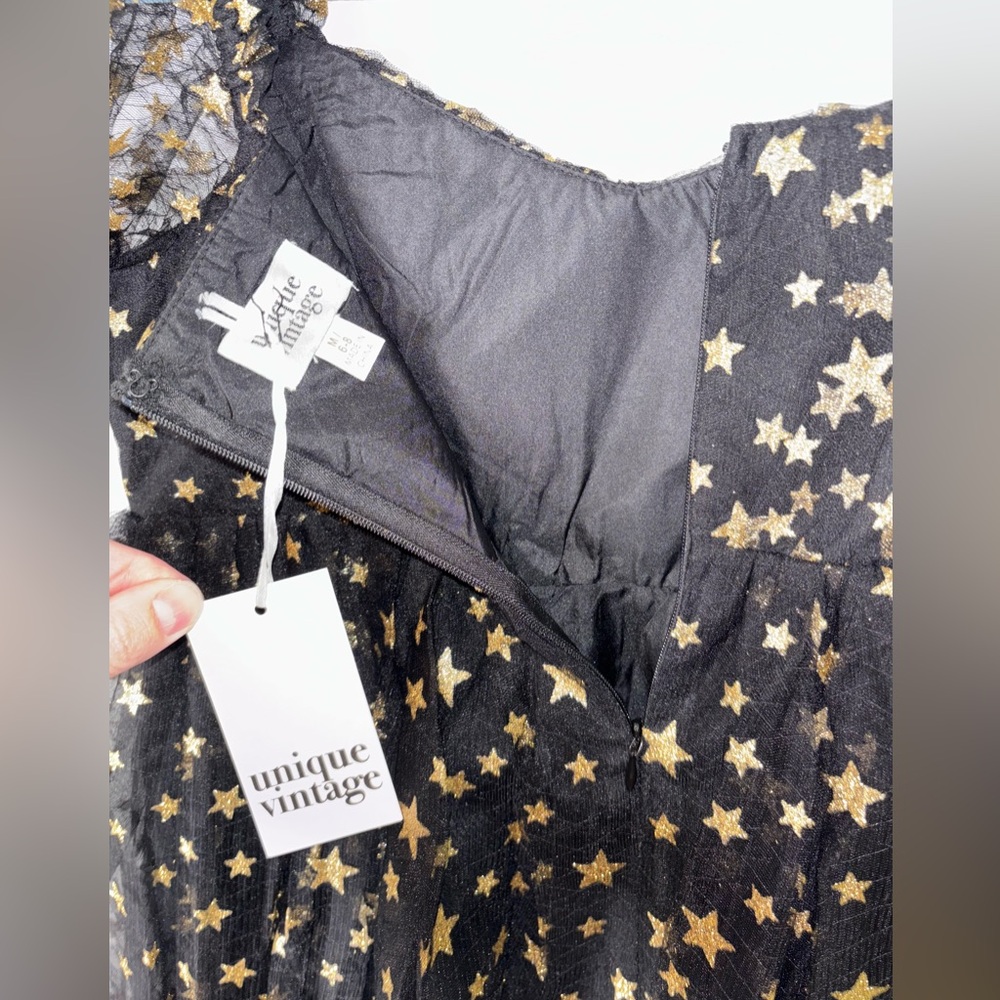 Unique Vintage Black Gold Star Mesh Babydoll Belle Dress M/6-8 NWT ✨ - Picture 5 of 14